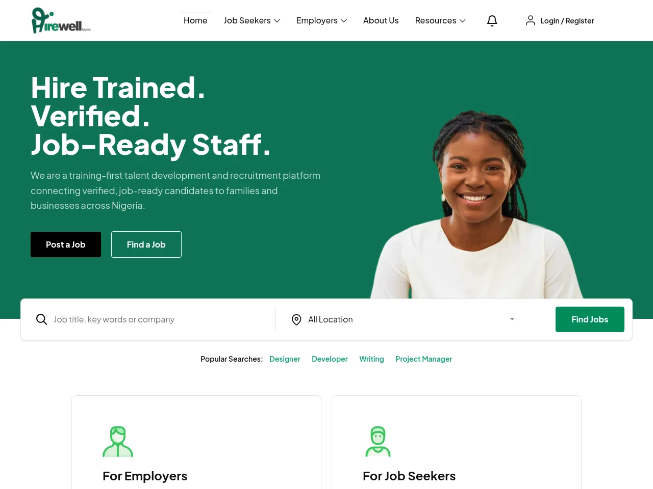 HireWell Nigeria job board platform screenshot showing job search interface