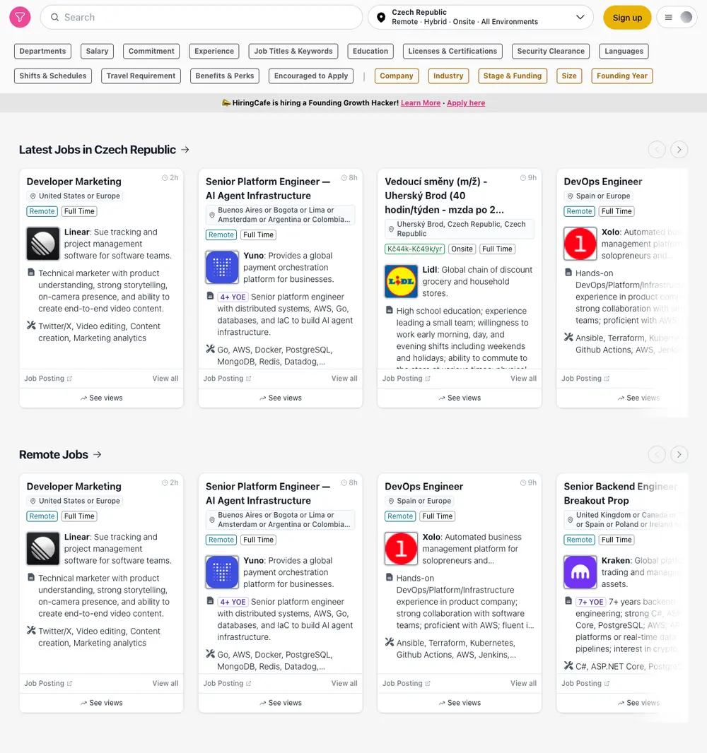 HiringCafe job board platform screenshot showing job search interface