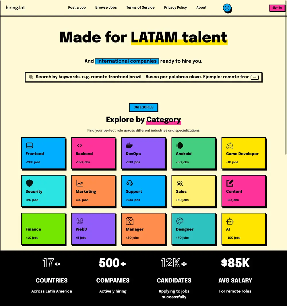 hiring.lat job board platform screenshot showing job search interface