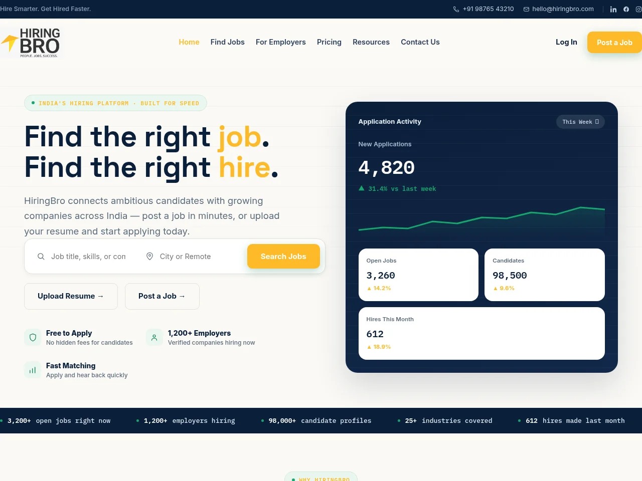 HiringBro job board platform screenshot showing job search interface