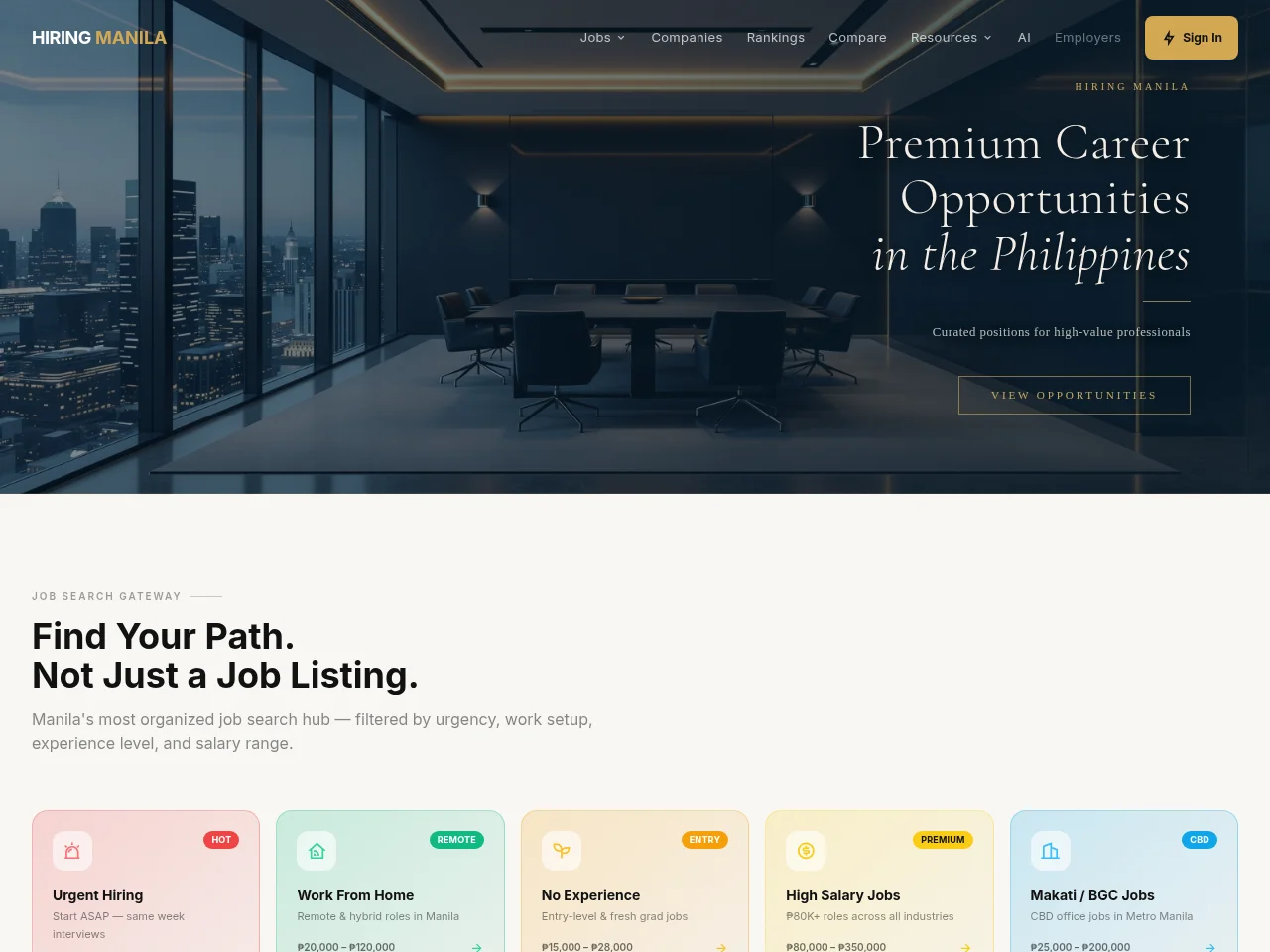 HIRING MANILA job board platform screenshot showing job search interface