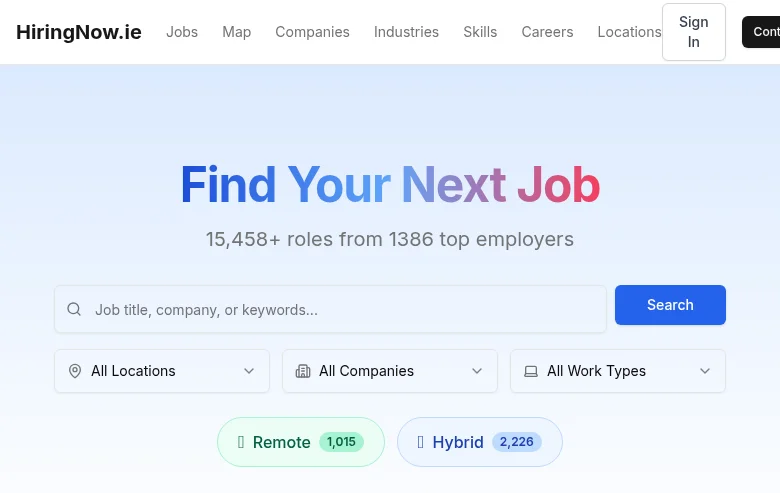 HiringNow.ie job board platform screenshot showing job search interface