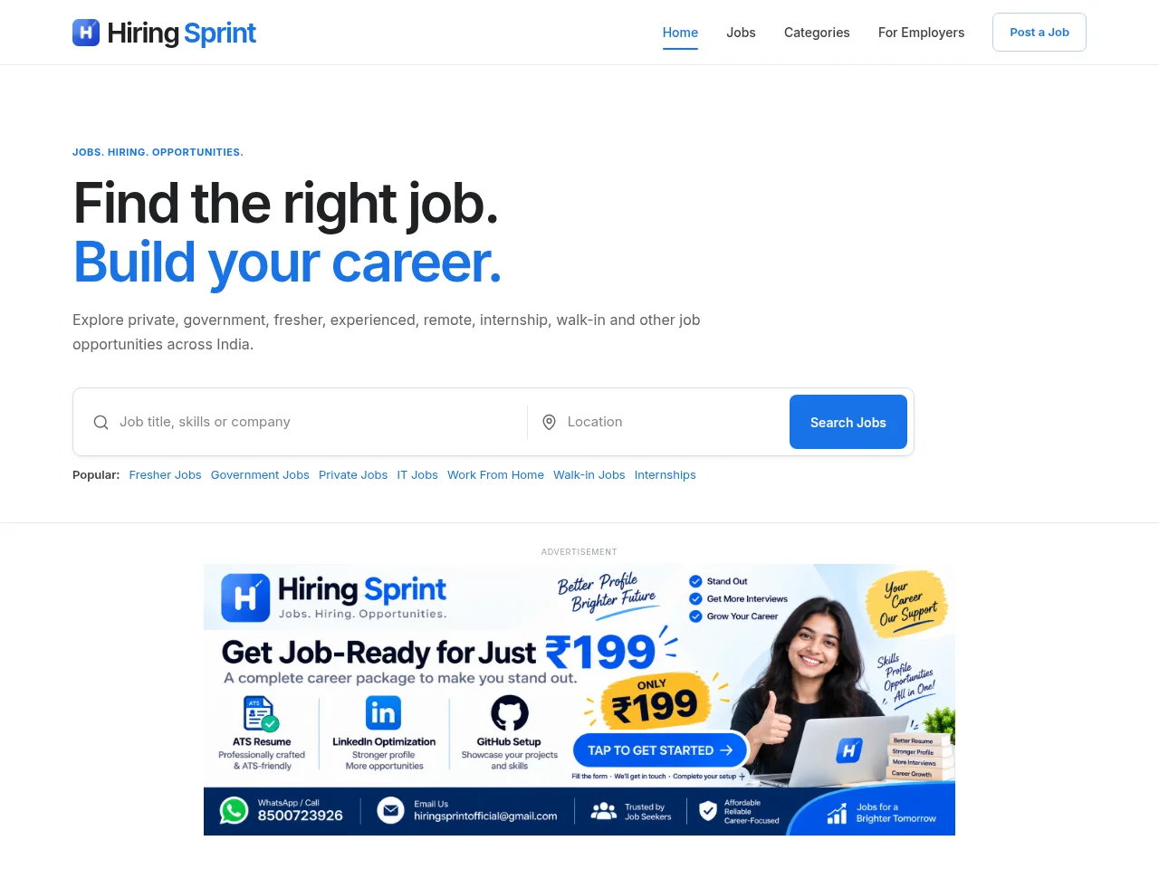 Hiring Sprint job board platform screenshot showing job search interface