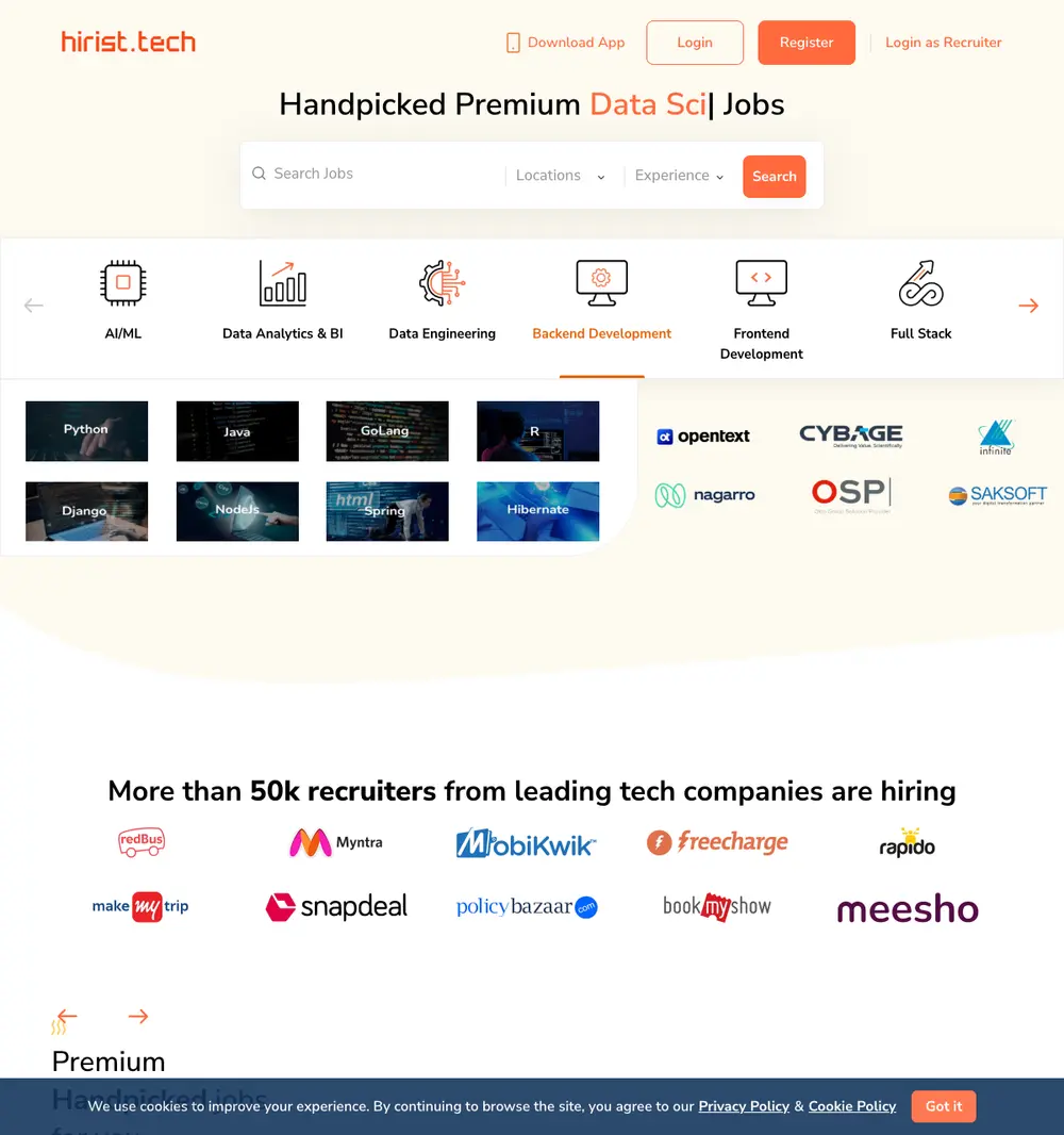 hirist.tech job board platform screenshot showing job search interface