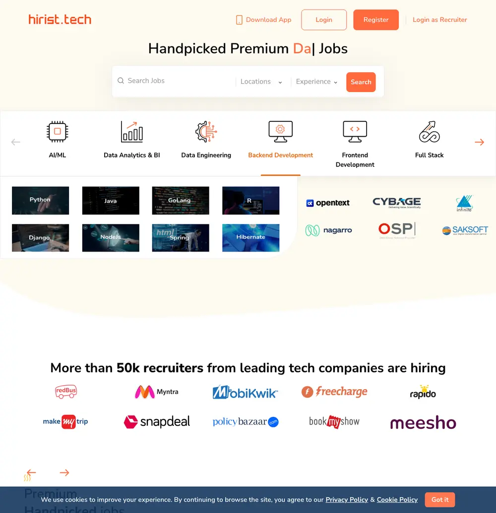 Hirist job board platform screenshot showing job search interface