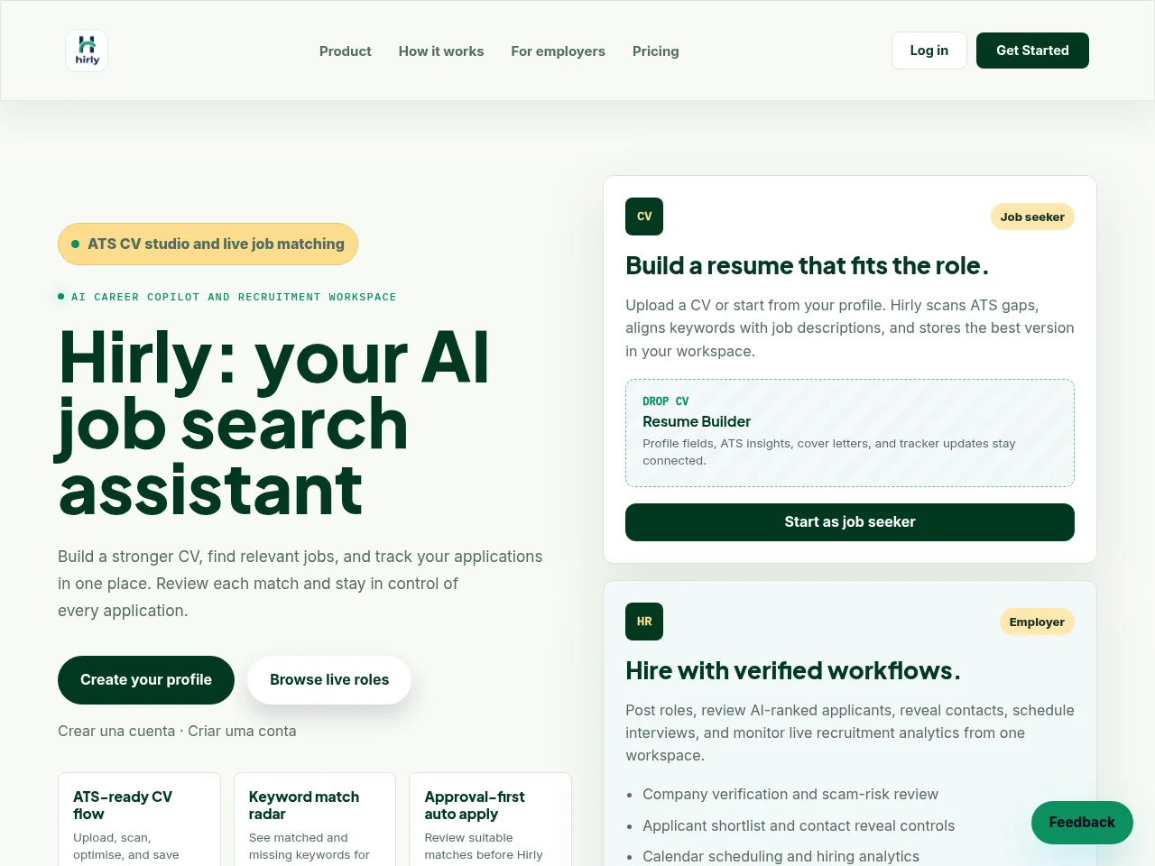 Hirly job board platform screenshot showing job search interface