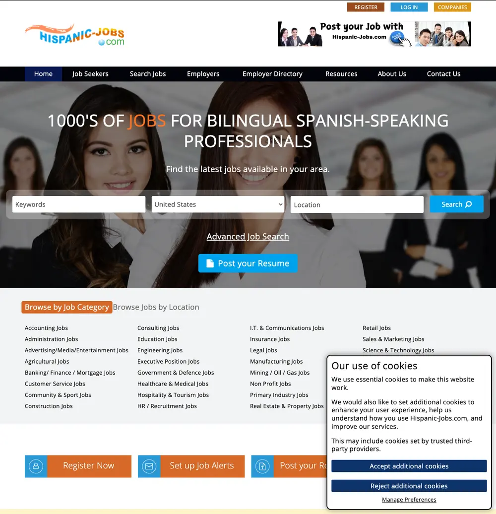 Hispanic-Jobs.com job board platform screenshot showing job search interface