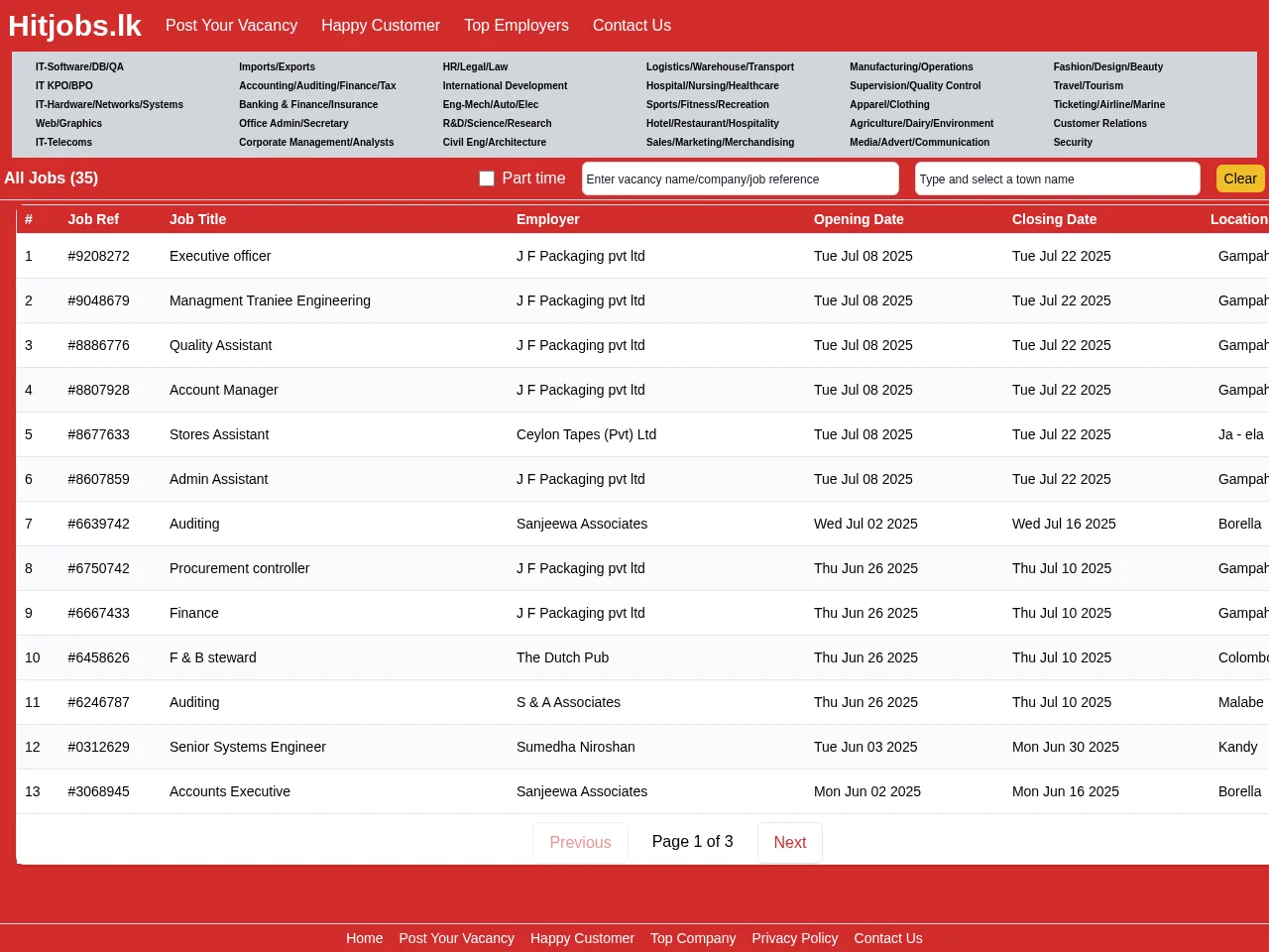hitjobs.lk job board platform screenshot showing job search interface