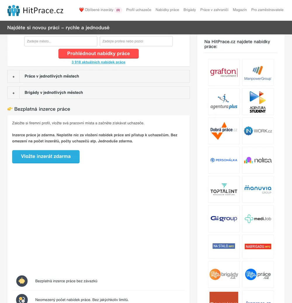HitPrace.cz job board platform screenshot showing job search interface