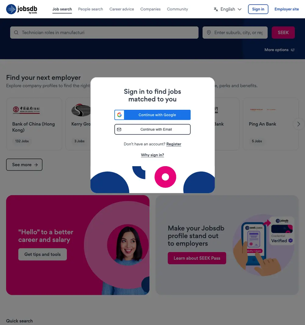 Jobsdb job board platform screenshot showing job search interface