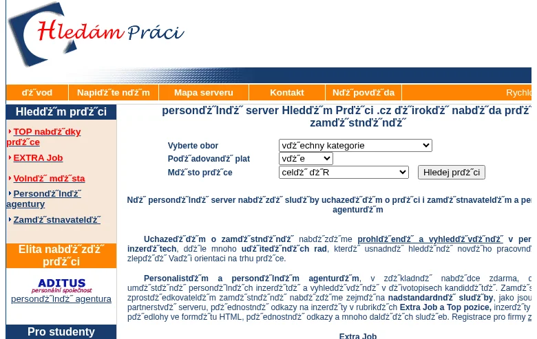 Hledám Práci.cz job board platform screenshot showing job search interface