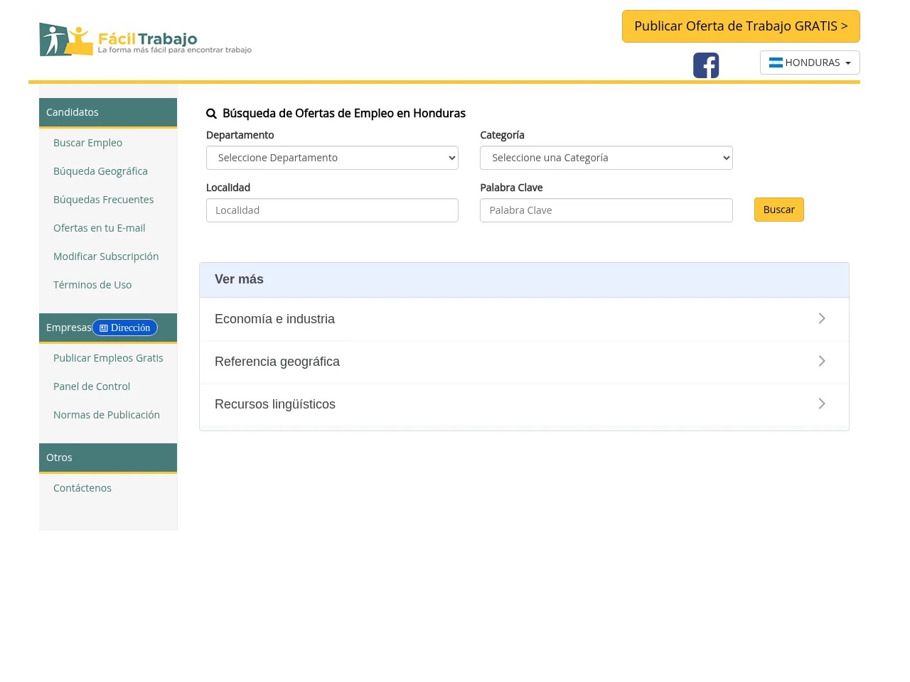 Facil Trabajo job board platform screenshot showing job search interface