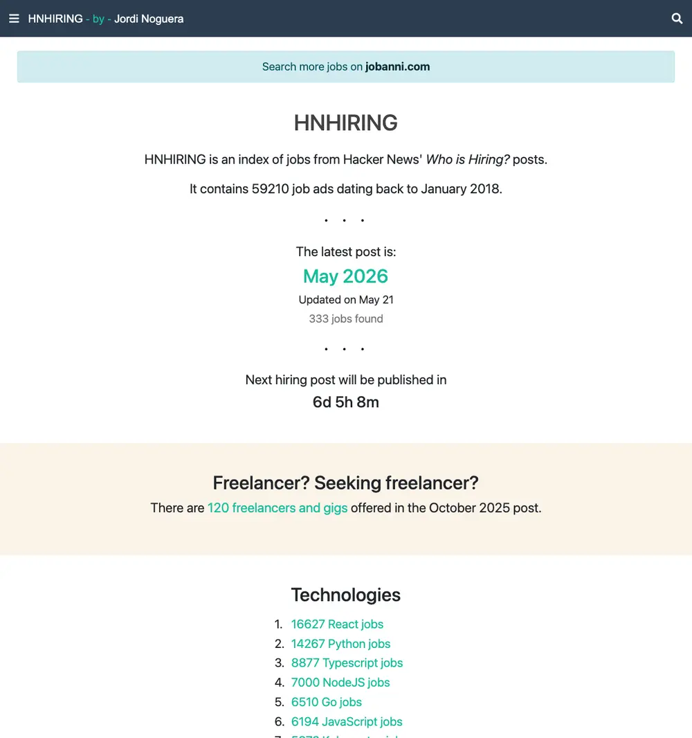 HNHIRING screenshot HNHIRING job board platform screenshot showing job search interface