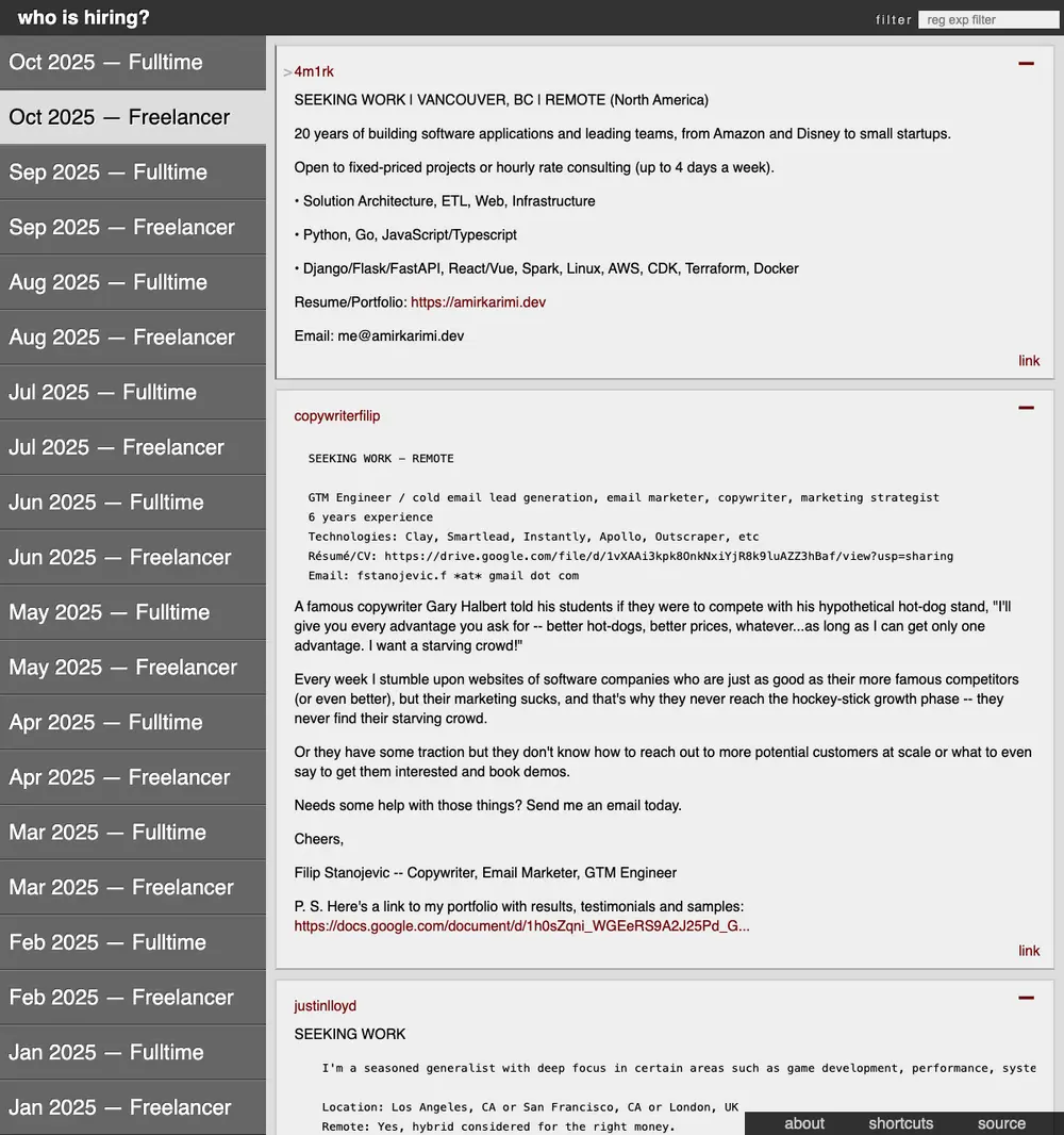 HN Hiring screenshot HN Hiring job board platform screenshot showing job search interface