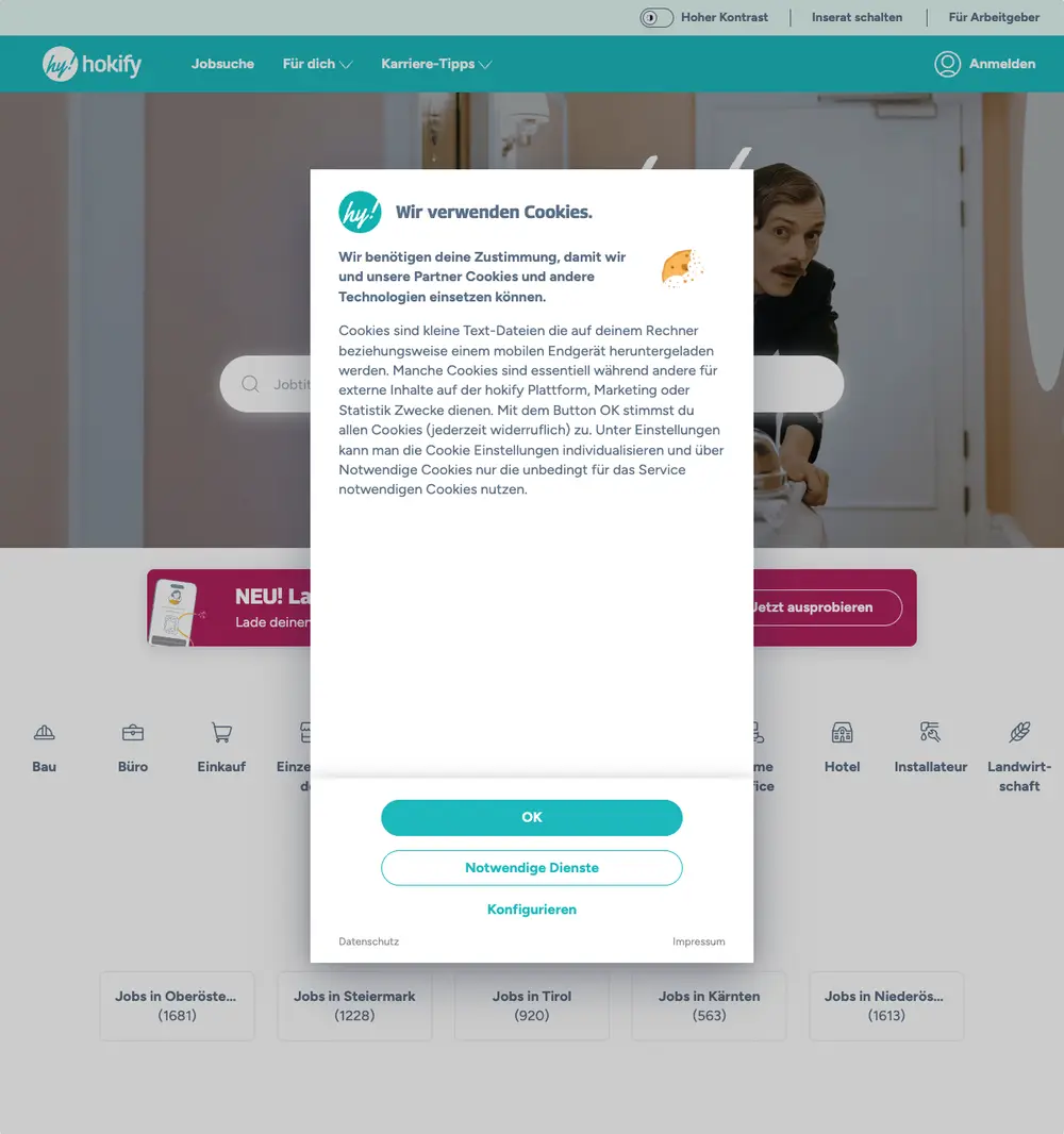 hokify job board platform screenshot showing job search interface