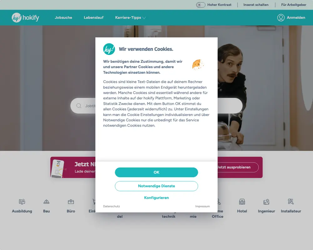 hokify job board platform screenshot showing job search interface
