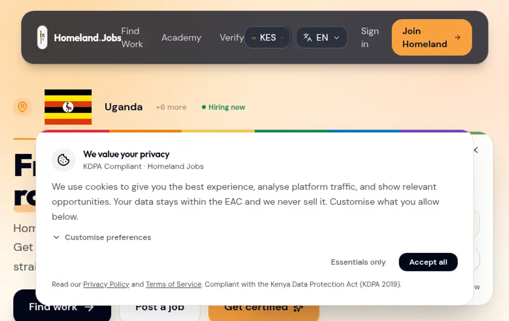 Homeland Jobs job board platform screenshot showing job search interface
