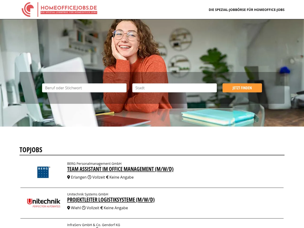 HomeOfficeJobs.de job board platform screenshot showing job search interface