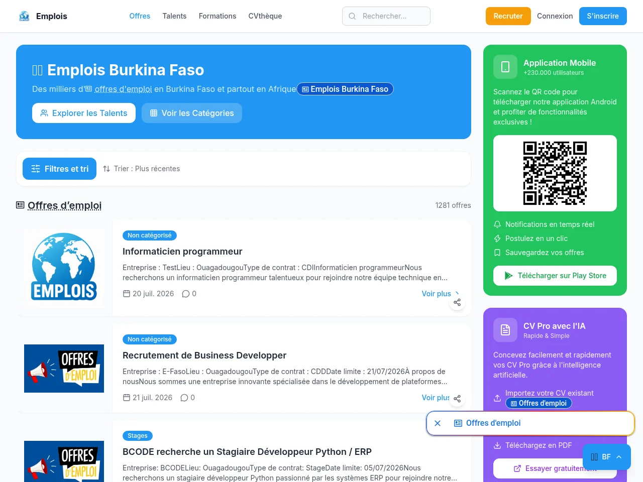 Emplois Burkina Faso website screenshot