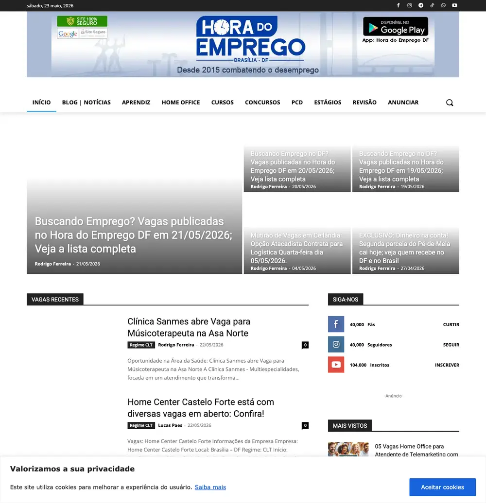 Hora do Emprego DF job board platform screenshot showing job search interface