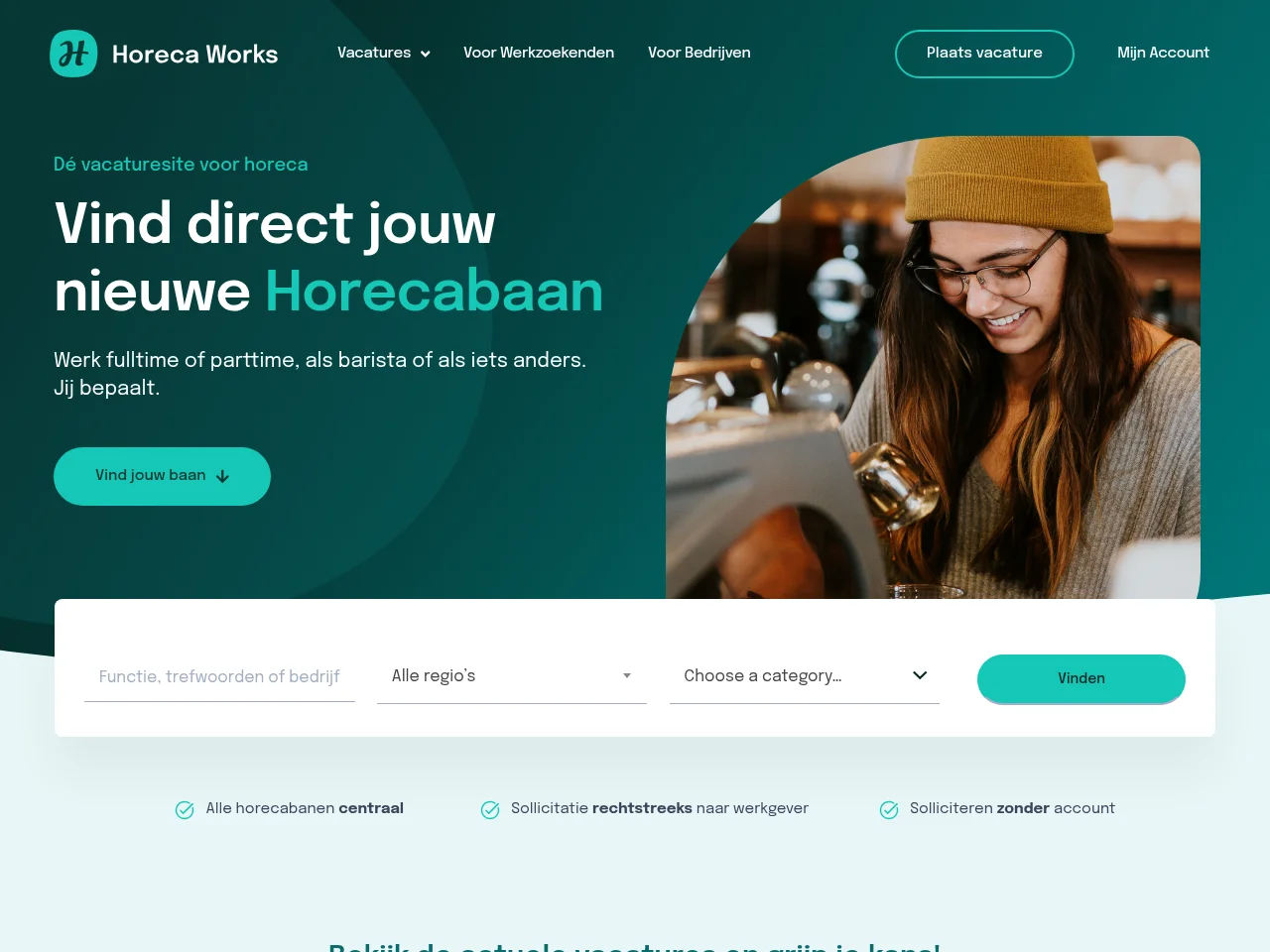Horeca Works job board platform screenshot showing job search interface