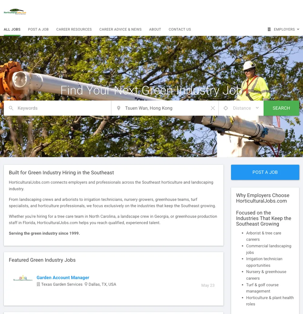 HorticulturalJobs.com job board platform screenshot showing job search interface