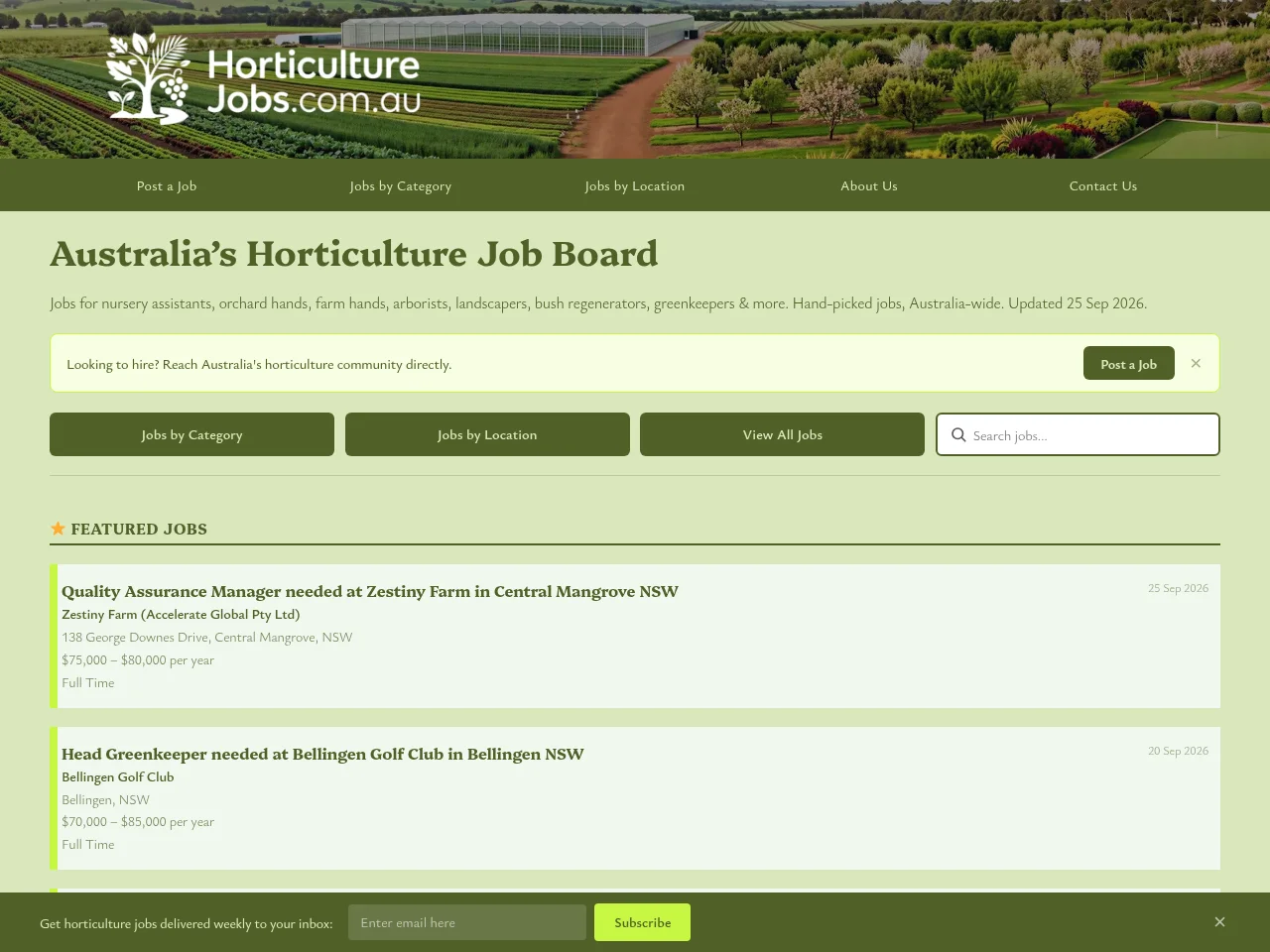HorticultureJobs.com.au job board platform screenshot showing job search interface