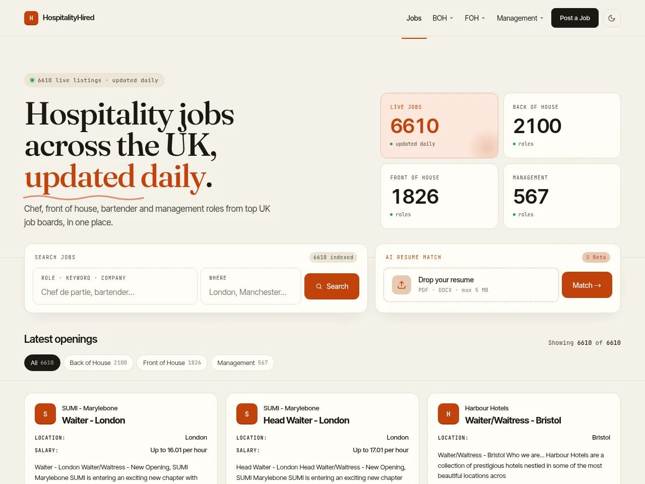 HospitalityHired job board platform screenshot showing job search interface