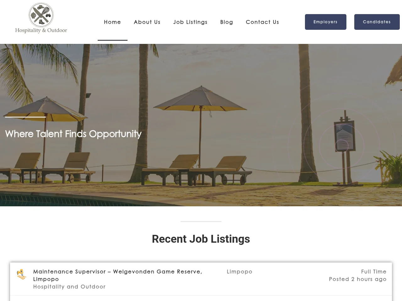 Hospitality and Outdoor screenshot Hospitality and Outdoor job board platform screenshot showing job search interface