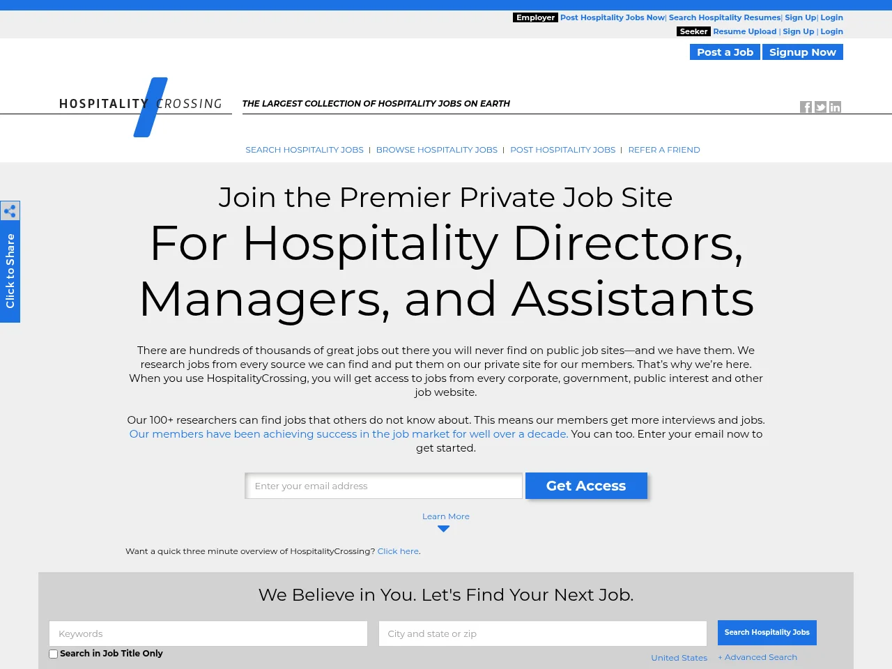 HospitalityCrossing screenshot HospitalityCrossing job board platform screenshot showing job search interface