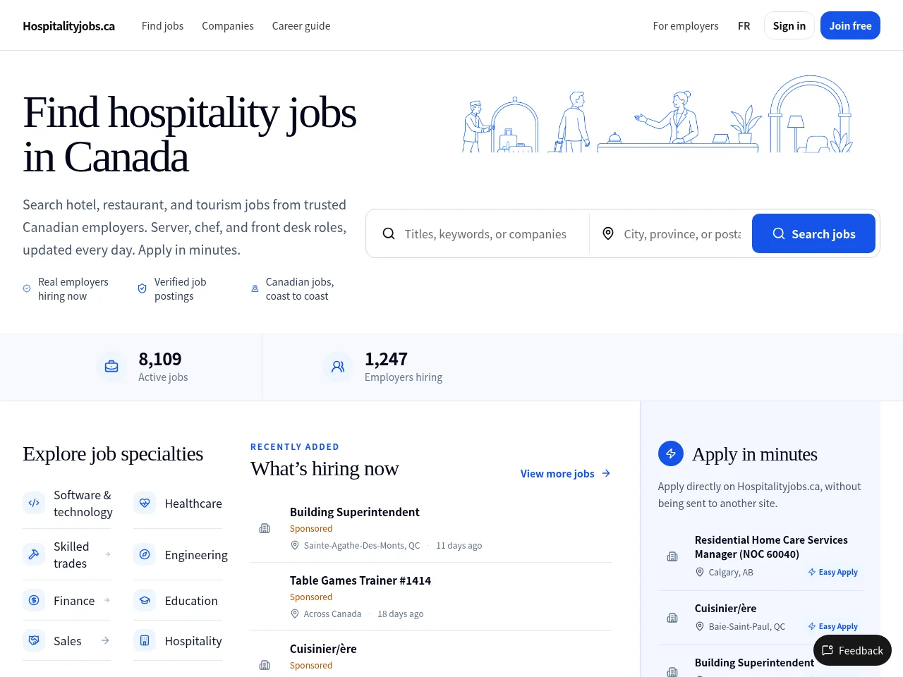 Hospitalityjobs.ca job board platform screenshot showing job search interface