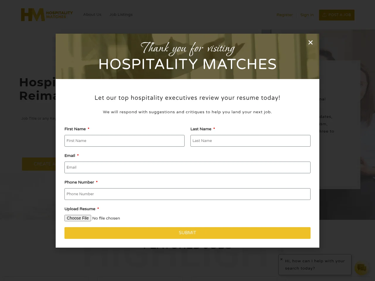 Hospitality Matches job board platform screenshot showing job search interface