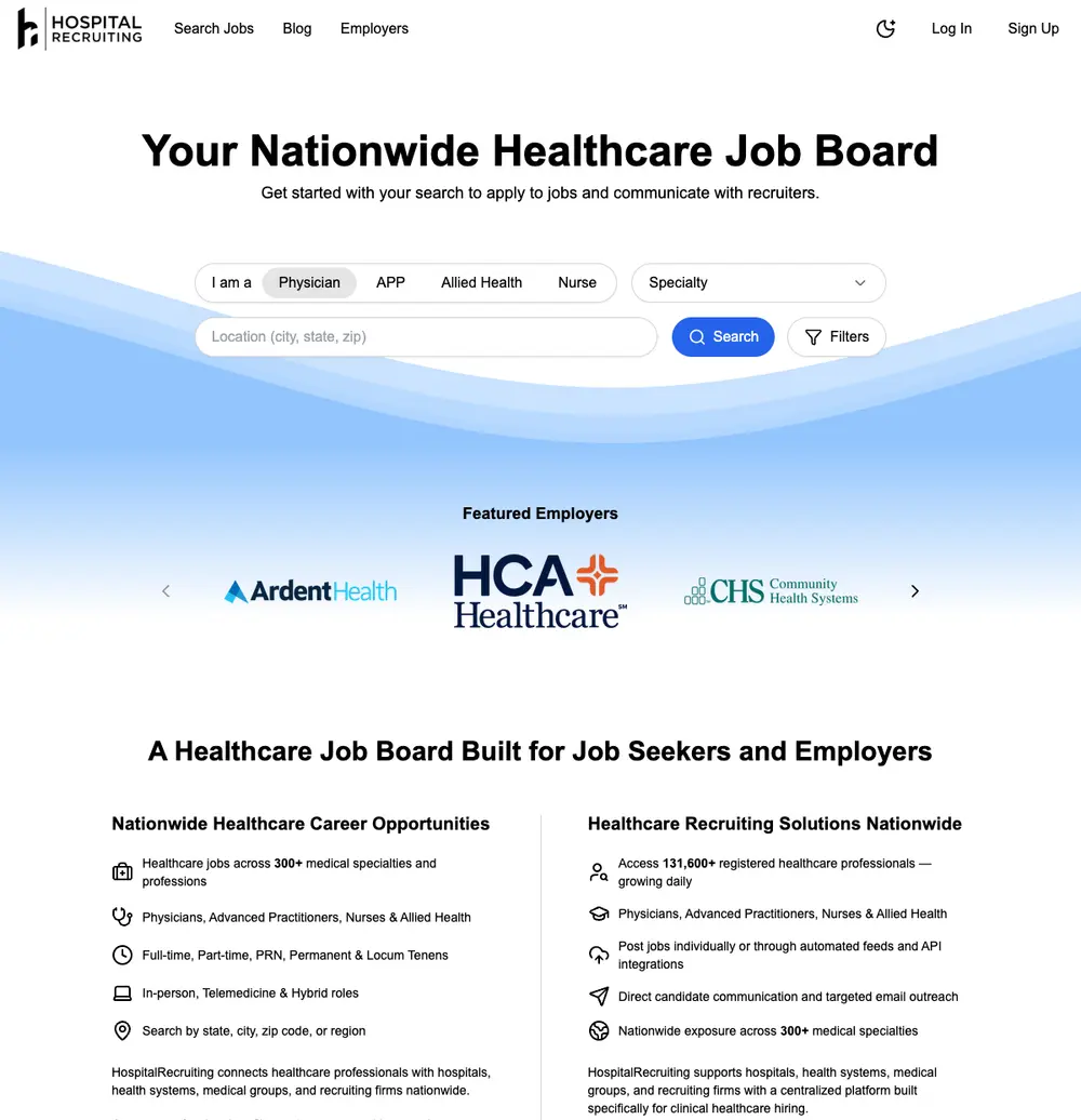HospitalRecruiting job board platform screenshot showing job search interface