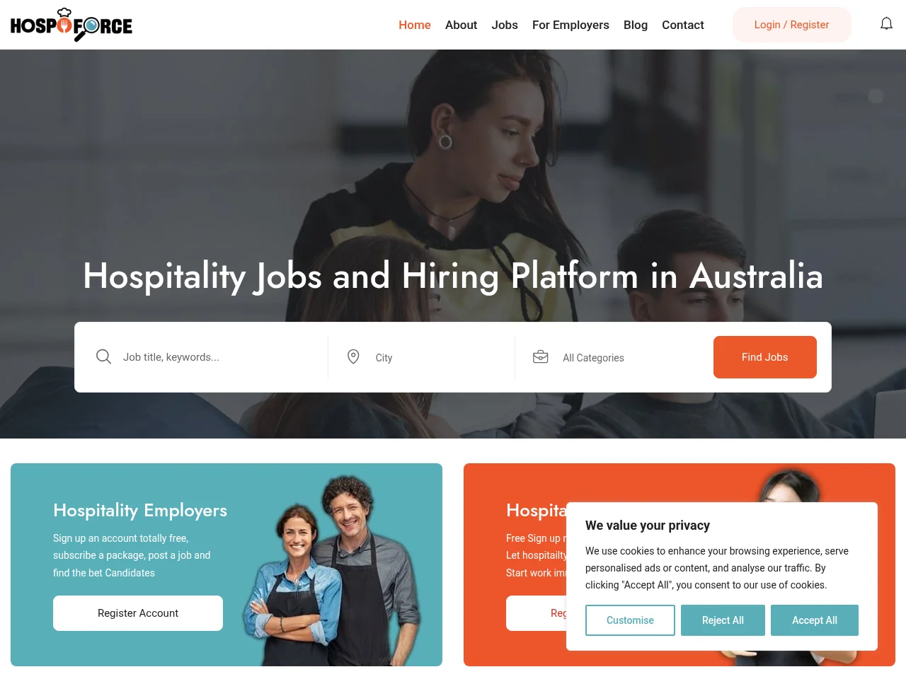 Hospoforce job board platform screenshot showing job search interface