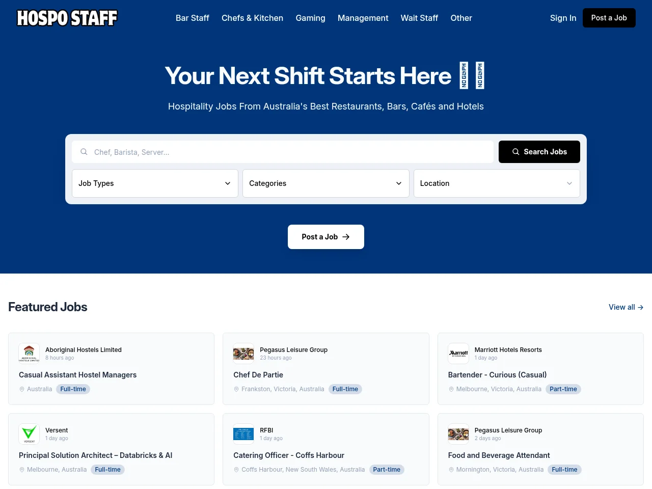 Hospo Staff Australia job board platform screenshot showing job search interface