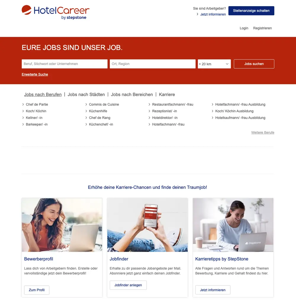 Hotelcareer job board platform screenshot showing job search interface