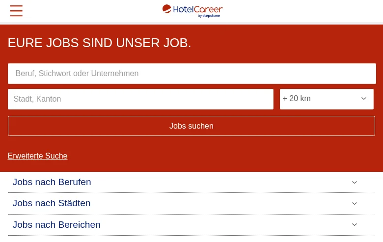 Hotelcareer.ch job board platform screenshot showing job search interface