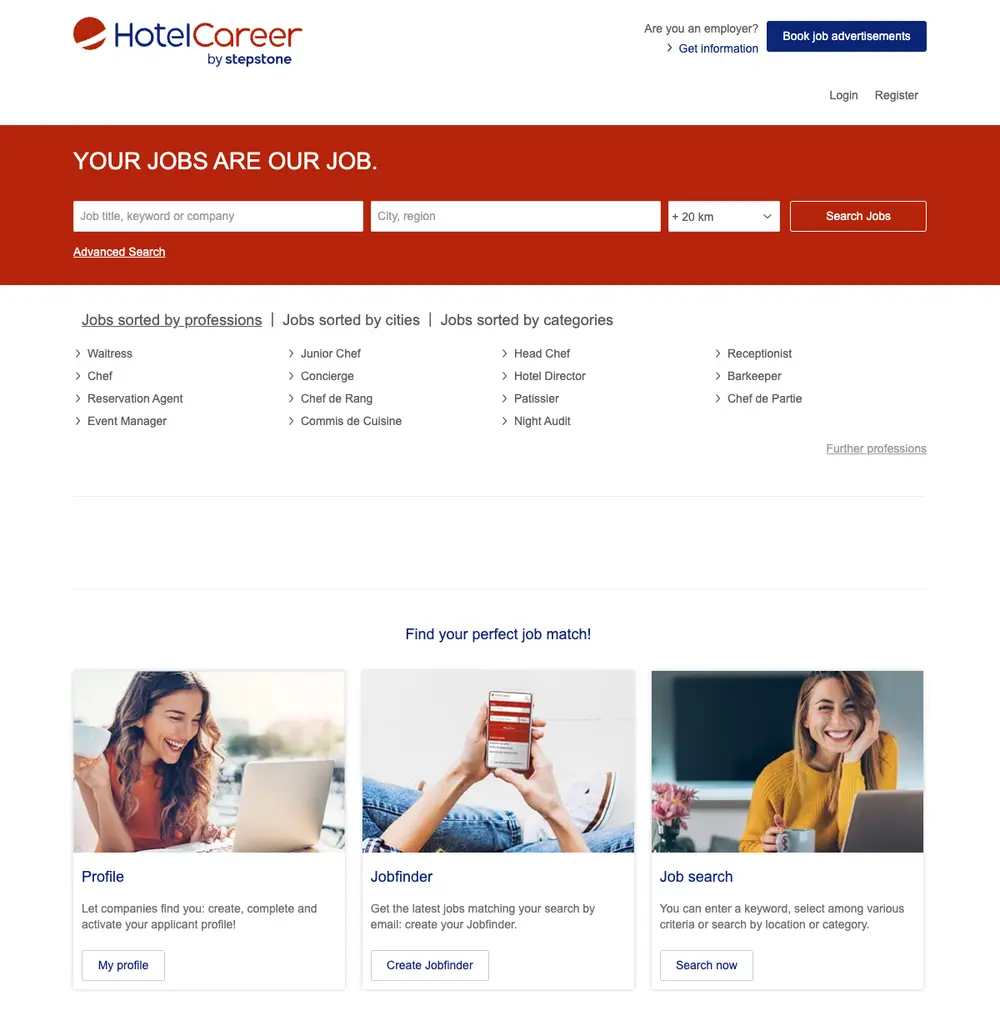 Hotelcareer job board platform screenshot showing job search interface