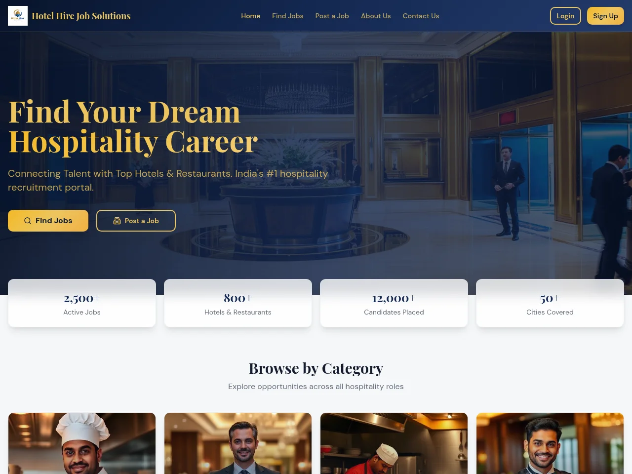 Hotel Hire Job Solutions job board platform screenshot showing job search interface