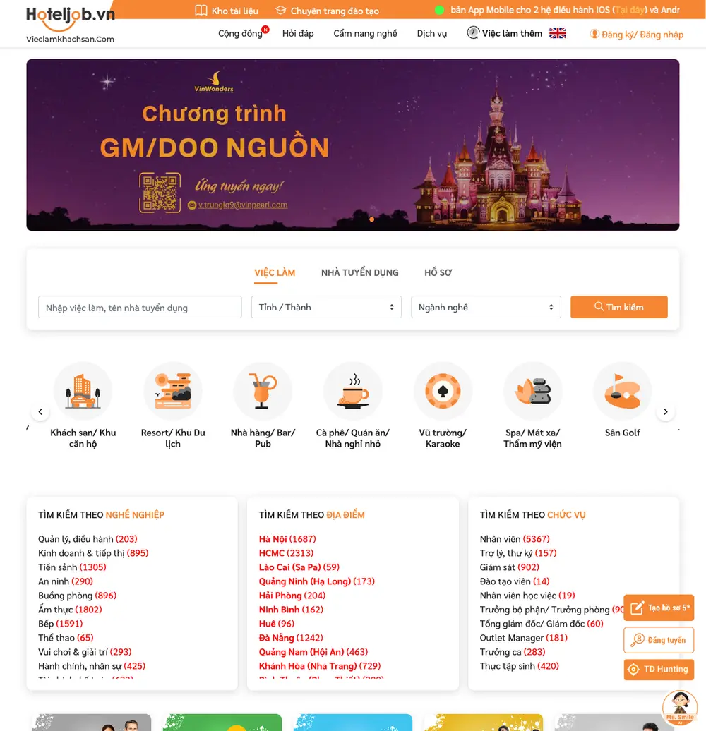 Hoteljob.vn job board platform screenshot showing job search interface