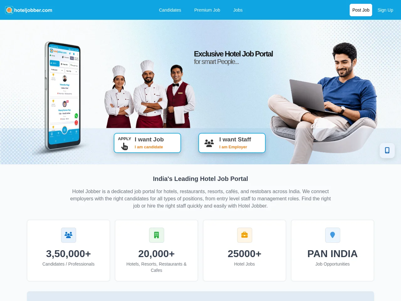 Hoteljobber.com job board platform screenshot showing job search interface