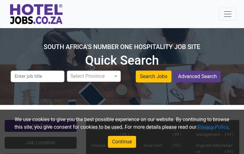 HotelJobs.co.za job board platform screenshot showing job search interface