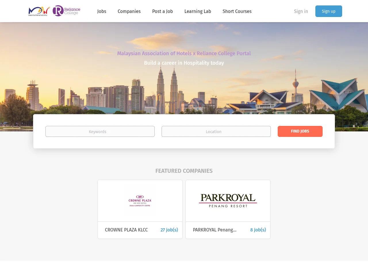 Hotel jobs job board platform screenshot showing job search interface