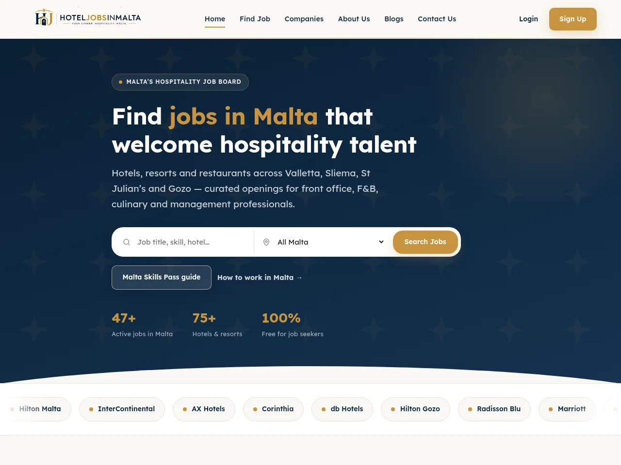HotelJobsInMalta job board platform screenshot showing job search interface
