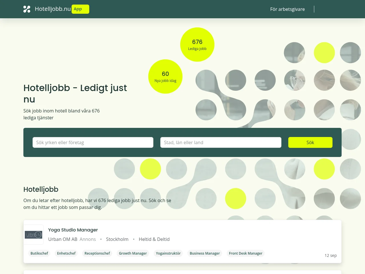 Hotelljobb.nu job board platform screenshot showing job search interface