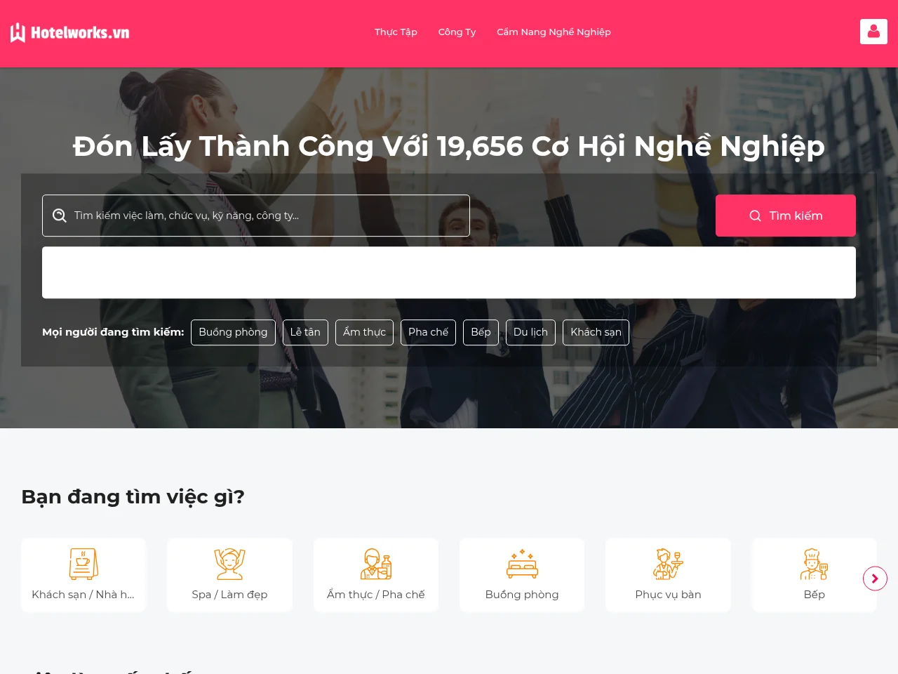 HotelWorks.vn job board platform screenshot showing job search interface
