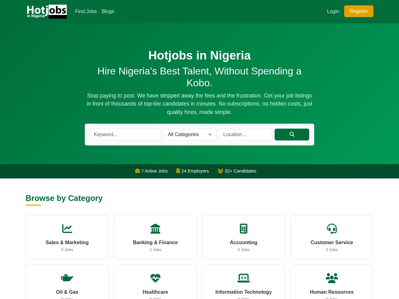 Hotjobs in Nigeria screenshot Hotjobs in Nigeria job board platform screenshot showing job search interface