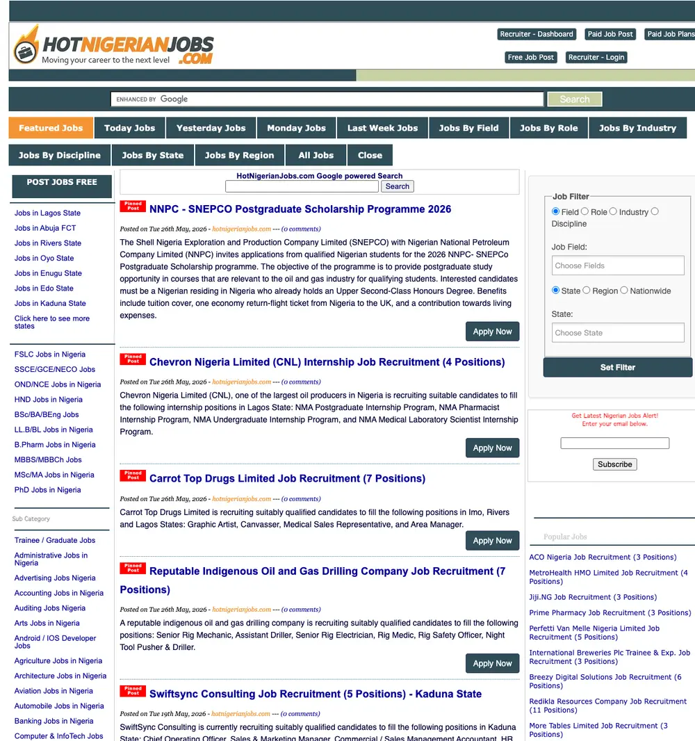 HotNigerianJobs screenshot HotNigerianJobs job board platform screenshot showing job search interface