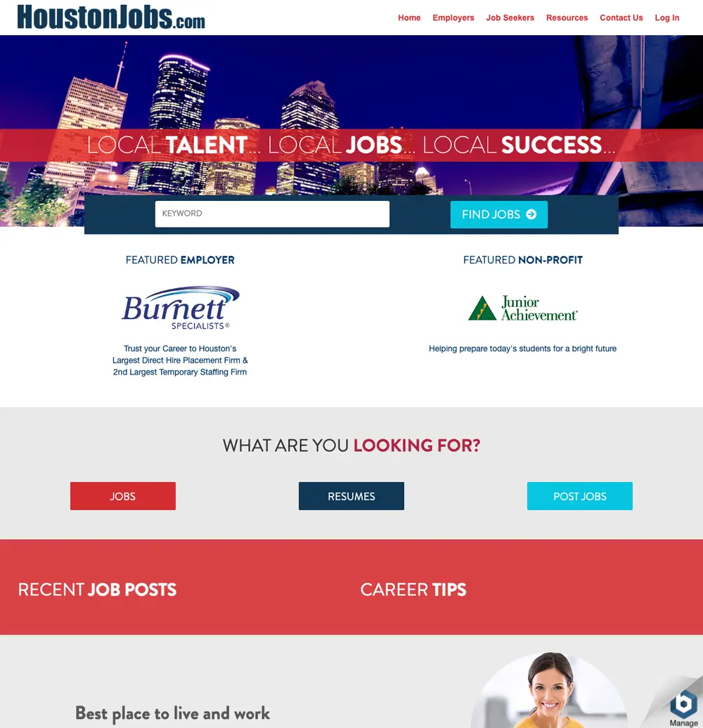 Houston Jobs job board platform screenshot showing job search interface