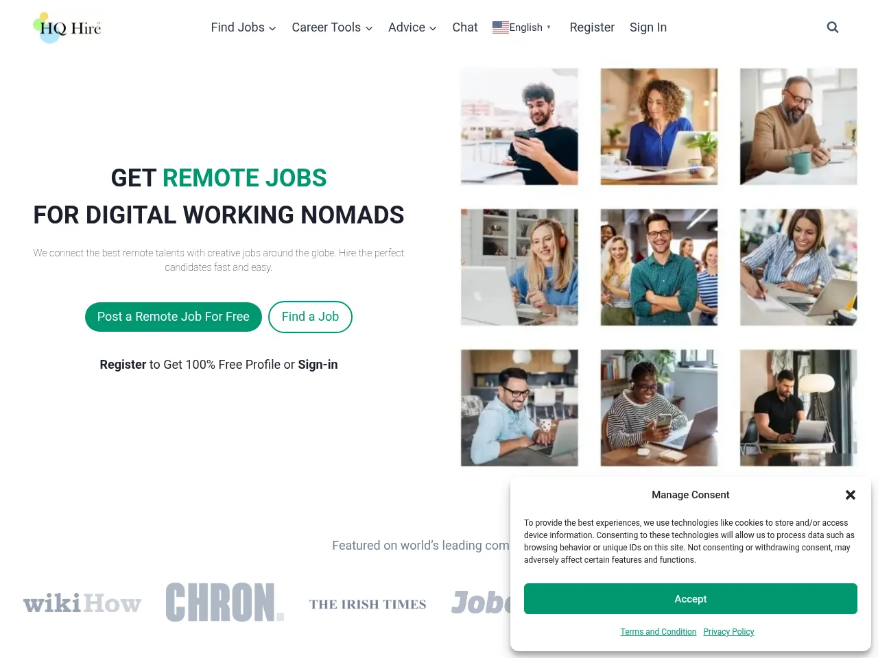 HQ HIRE job board platform screenshot showing job search interface